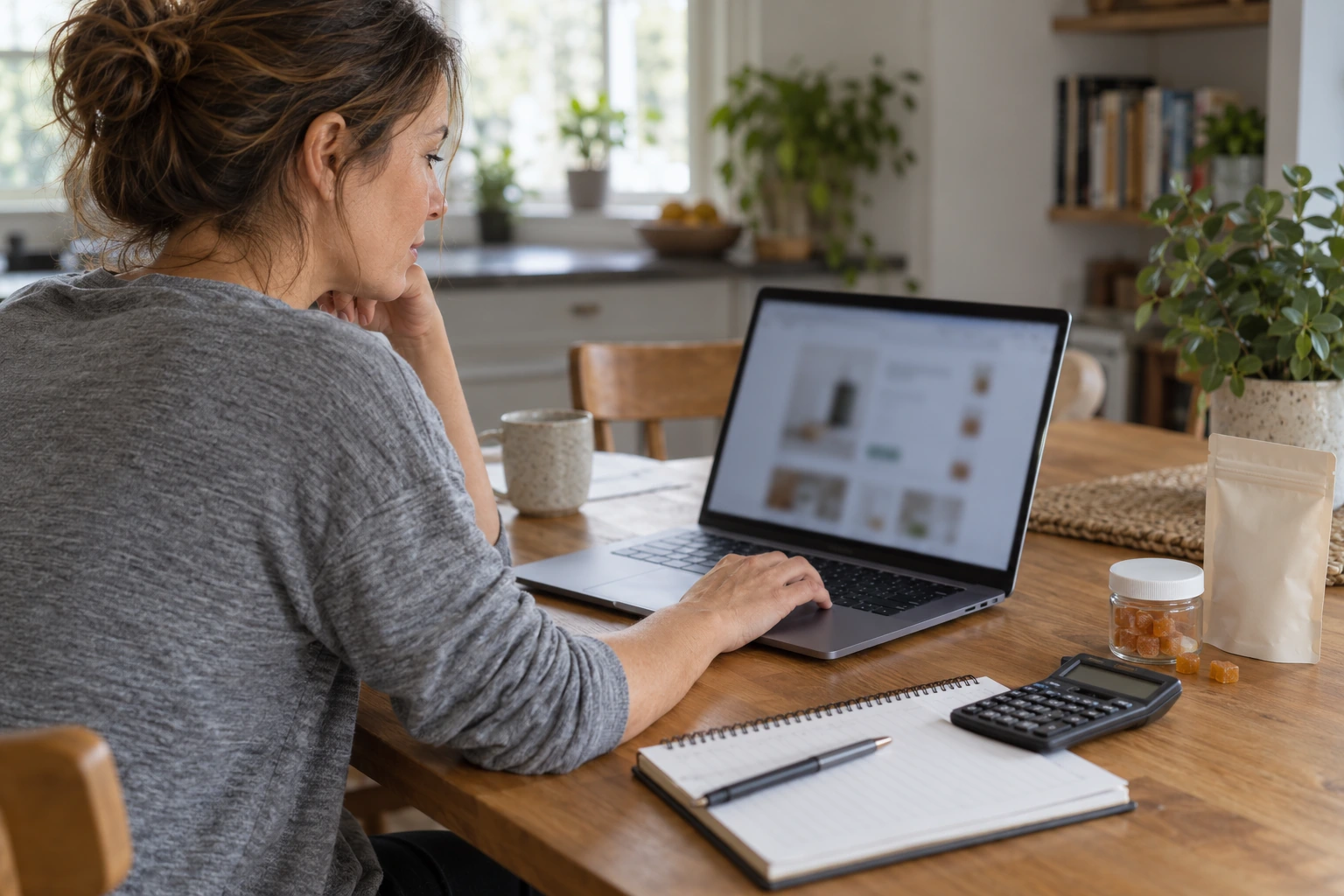 Woman browsing products on a laptop with a calculator, notebook and gummy jar nearby
